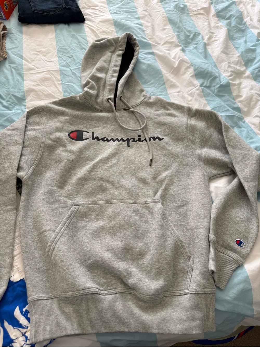 Champion Gray Hoodie with Black Script and Red Logo Accent